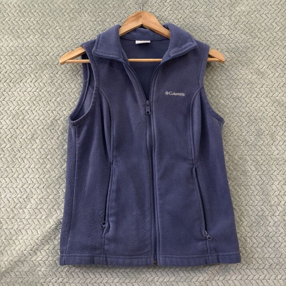 Womens Columbia Blue Solid Vest Full Zip Pockets Sleeveless Mid-Length Small